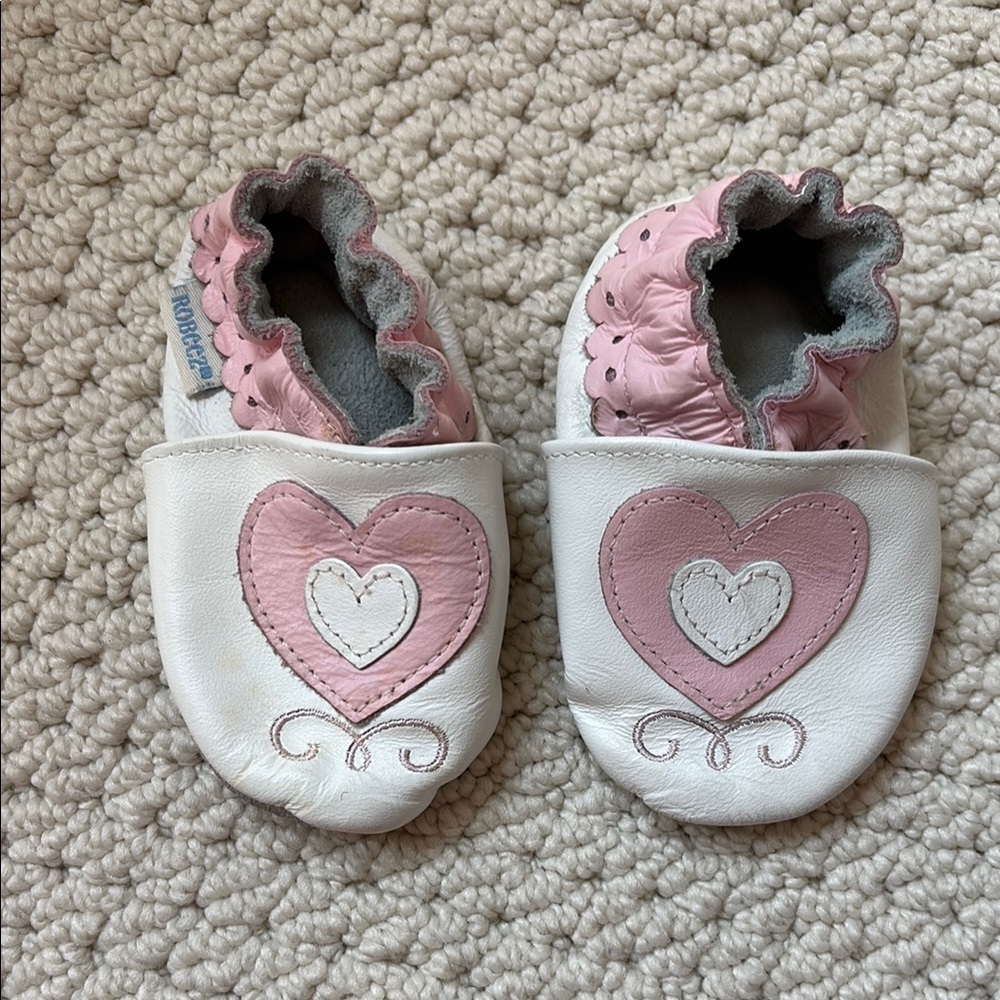 Robeez Pink and White Moccasin Shoes with Heart Design